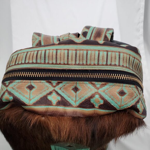 🔥 RARE Western Cowhide & Real Tooled Leather Diaper Bag / Backpack XL 🐄 - Picture 5 of 13